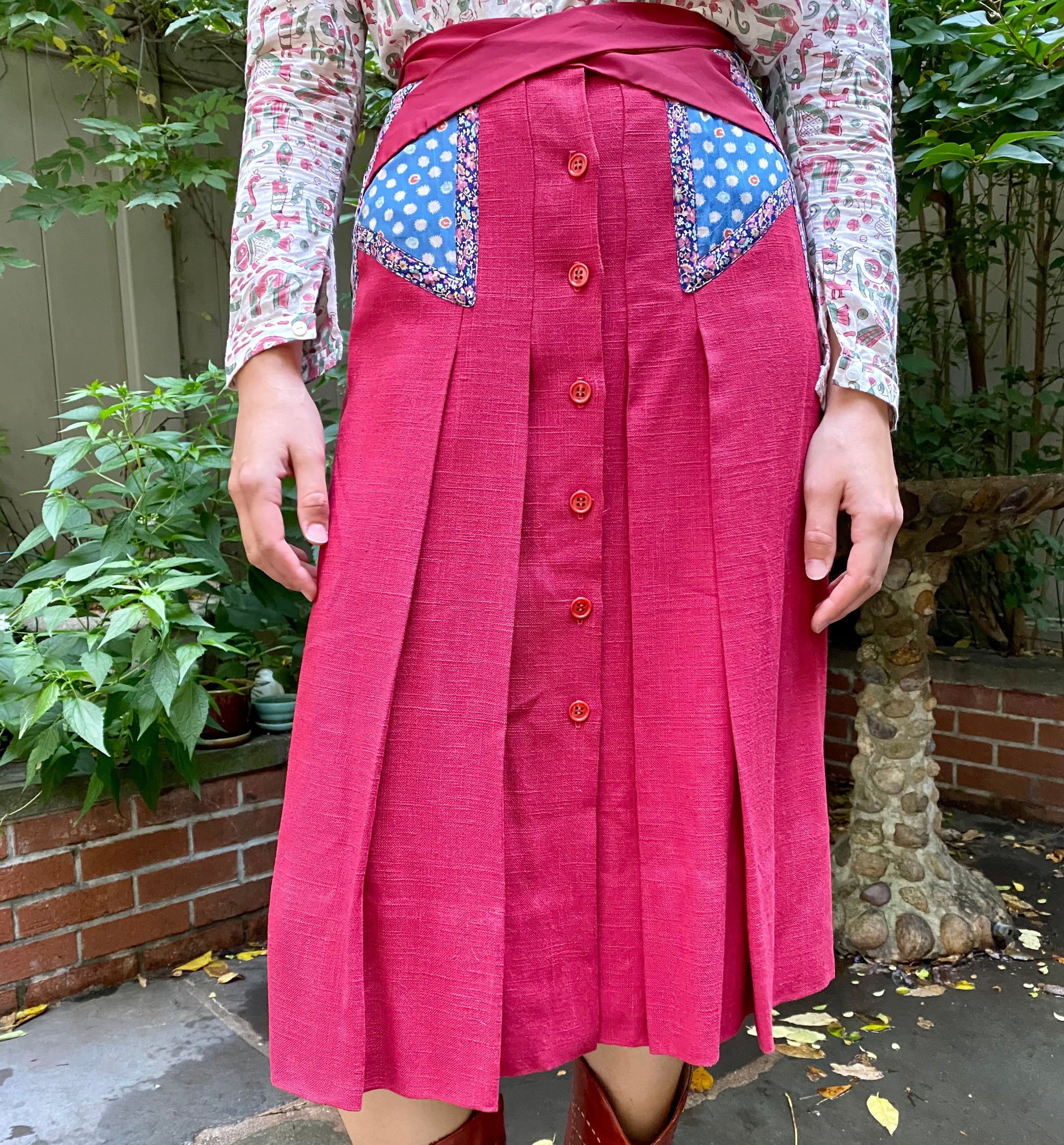 Vintage Koos Van den Akker Red Linen with Appliqué Skirt