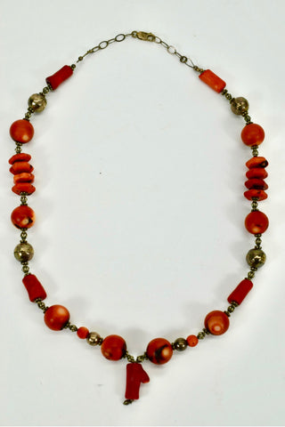 Vintage Red Coral and Silver Bead Necklace